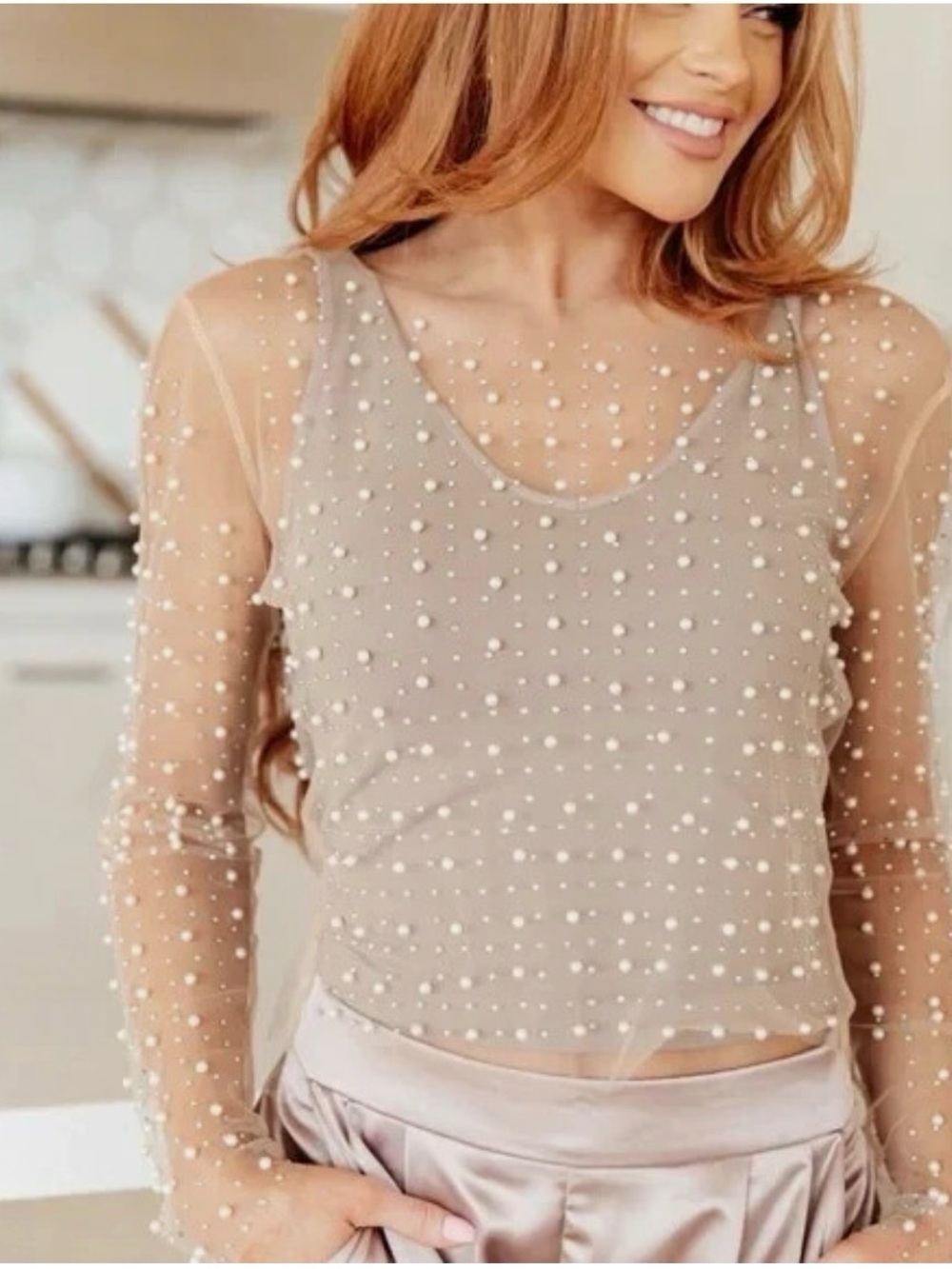 Haute Monde Sheer Pearl Diamond Rhinestone Embellished Long Sleeve Top Nude S